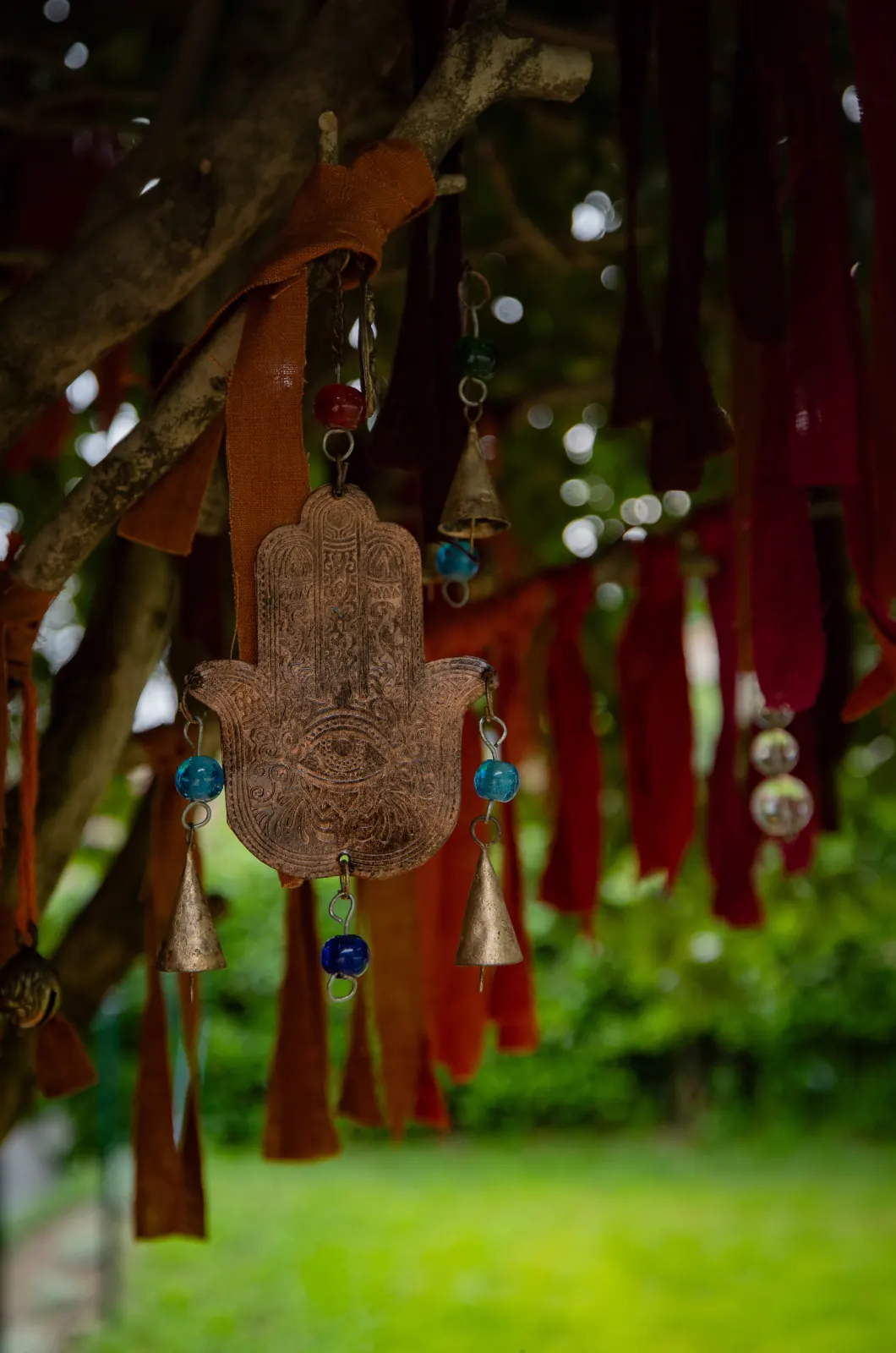 Nastri di lino rosso e un amuleto decorativo appesi all'Albero dei Desideri di Casa Ortensia, tra le camelie del giardino