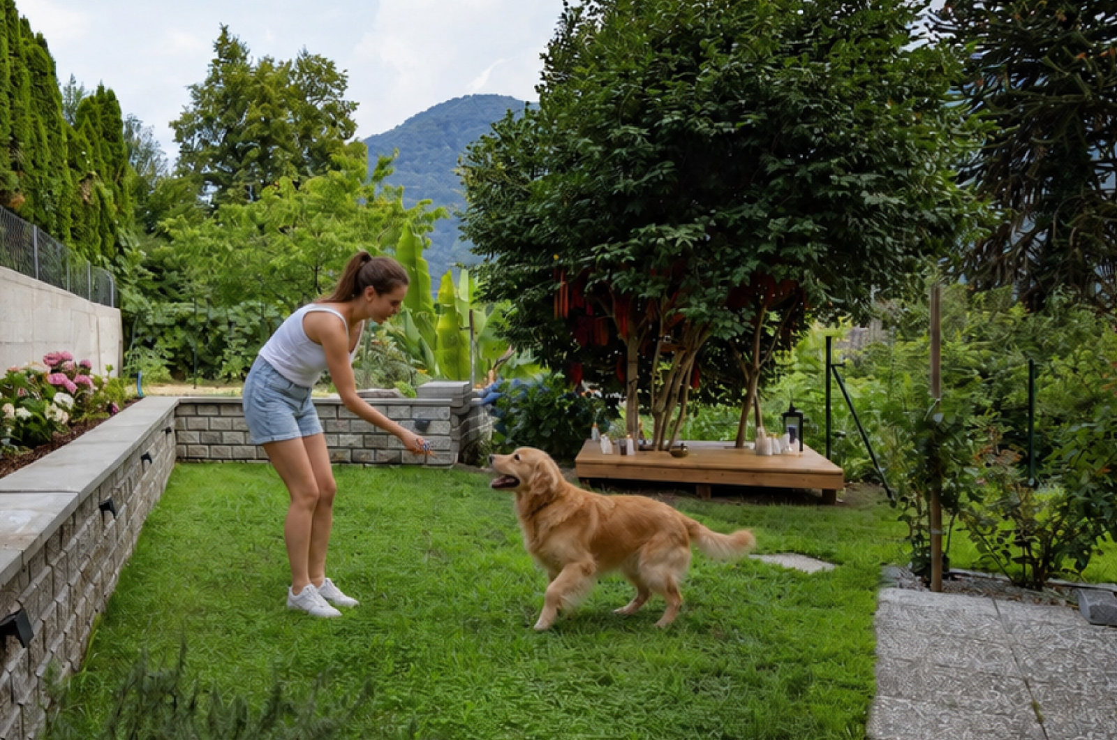 Frau spielt mit Hund im eingezäunten Garten von Casa Ortensia